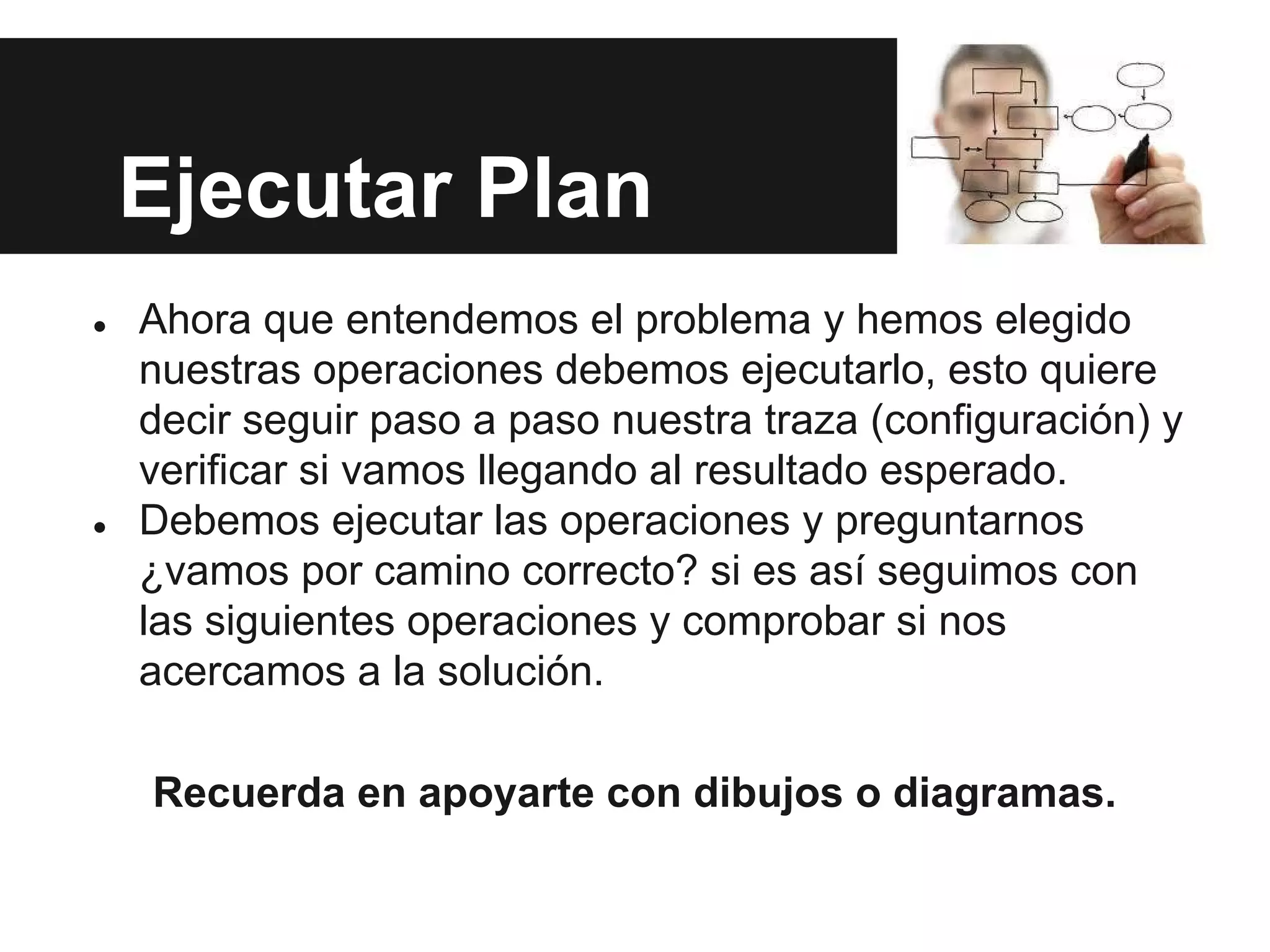 Ejecutar Plan
● Ahora que entendemos el problema y hemos elegido
nuestras operaciones debemos ejecutarlo, esto quiere
decir seguir paso a paso nuestra traza (configuración) y
verificar si vamos llegando al resultado esperado.
● Debemos ejecutar las operaciones y preguntarnos
¿vamos por camino correcto? si es así seguimos con
las siguientes operaciones y comprobar si nos
acercamos a la solución.
Recuerda en apoyarte con dibujos o diagramas.
 