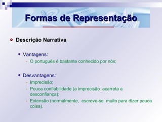 Formas de RepresentaçãoFormas de Representação
Descrição Narrativa
Vantagens:
- O português é bastante conhecido por nós;
Desvantagens:
- Imprecisão;
- Pouca confiabilidade (a imprecisão acarreta a
desconfiança);
- Extensão (normalmente, escreve-se muito para dizer pouca
coisa).
 