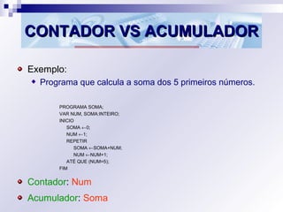 CONTADOR VS ACUMULADORCONTADOR VS ACUMULADOR
Exemplo:
Programa que calcula a soma dos 5 primeiros números.
PROGRAMA SOMA;
VAR NUM, SOMA:INTEIRO;
INICIO
SOMA ←0;
NUM ←1;
REPETIR
SOMA ←SOMA+NUM;
NUM ←NUM+1;
ATÉ QUE (NUM=5);
FIM
Contador: Num
Acumulador: Soma
 