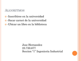 ALGORITMOS
 -Inscribirse en la universidad
 -Sacar carnet de la universidad
 -Ubicar un libro en la biblioteca
Jose Hernandez
23.730.677
Seccion “1” Ingenieria Industrial
 