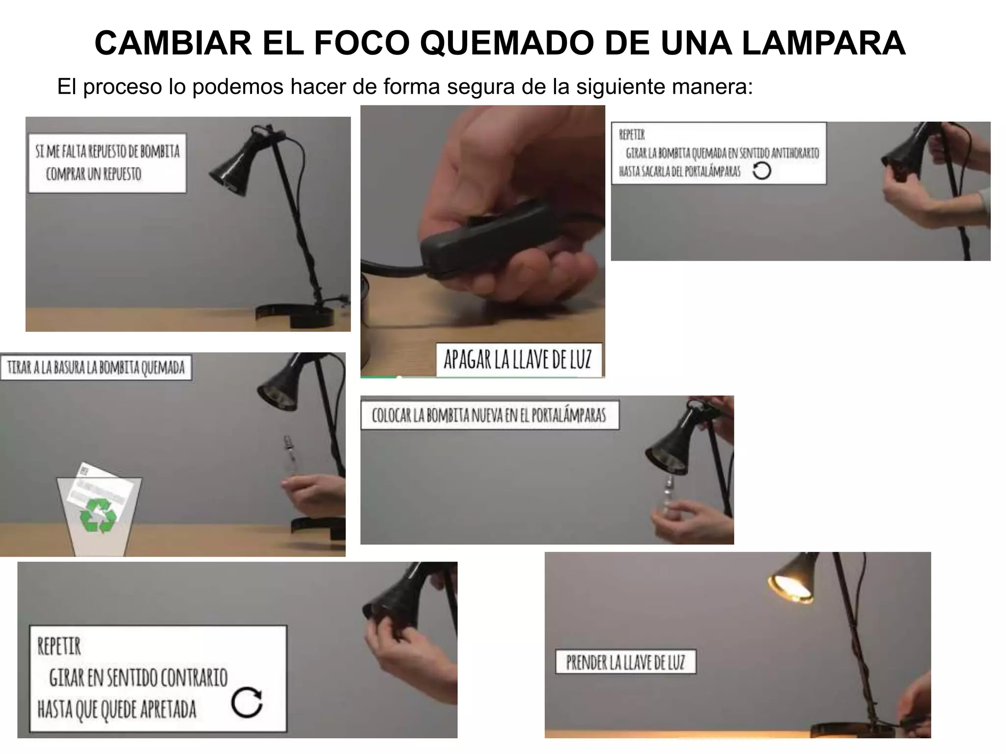 CAMBIAR EL FOCO QUEMADO DE UNA LAMPARA
El proceso lo podemos hacer de forma segura de la siguiente manera:
 