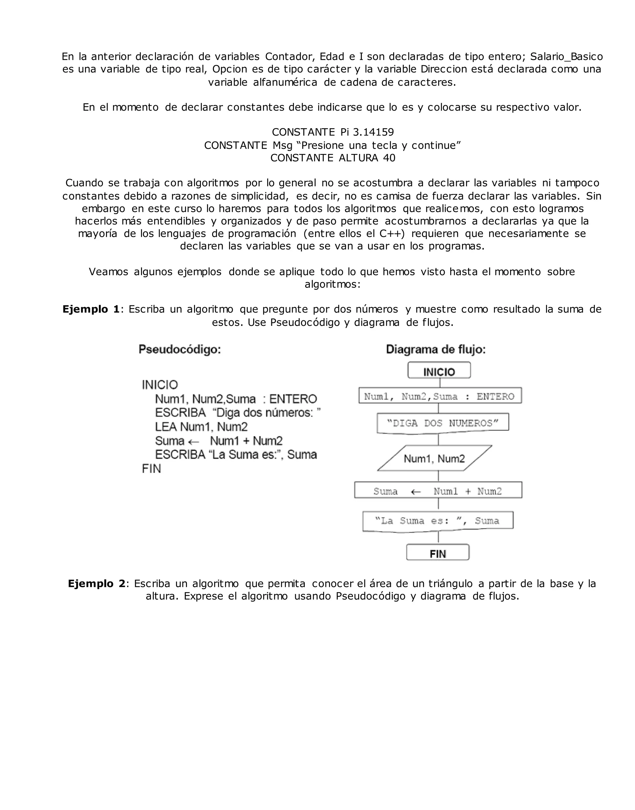 En la anterior declaración de variables Contador, Edad e I son declaradas de tipo entero; Salario_Basico
es una variable de tipo real, Opcion es de tipo carácter y la variable Direccion está declarada como una
variable alfanumérica de cadena de caracteres.
En el momento de declarar constantes debe indicarse que lo es y colocarse su respectivo valor.
CONSTANTE Pi 3.14159
CONSTANTE Msg “Presione una tecla y continue”
CONSTANTE ALTURA 40
Cuando se trabaja con algoritmos por lo general no se acostumbra a declarar las variables ni tampoco
constantes debido a razones de simplicidad, es decir, no es camisa de fuerza declarar las variables. Sin
embargo en este curso lo haremos para todos los algoritmos que realicemos, con esto logramos
hacerlos más entendibles y organizados y de paso permite acostumbrarnos a declararlas ya que la
mayoría de los lenguajes de programación (entre ellos el C++) requieren que necesariamente se
declaren las variables que se van a usar en los programas.
Veamos algunos ejemplos donde se aplique todo lo que hemos visto hasta el momento sobre
algoritmos:
Ejemplo 1: Escriba un algoritmo que pregunte por dos números y muestre como resultado la suma de
estos. Use Pseudocódigo y diagrama de flujos.
Ejemplo 2: Escriba un algoritmo que permita conocer el área de un triángulo a partir de la base y la
altura. Exprese el algoritmo usando Pseudocódigo y diagrama de flujos.
 