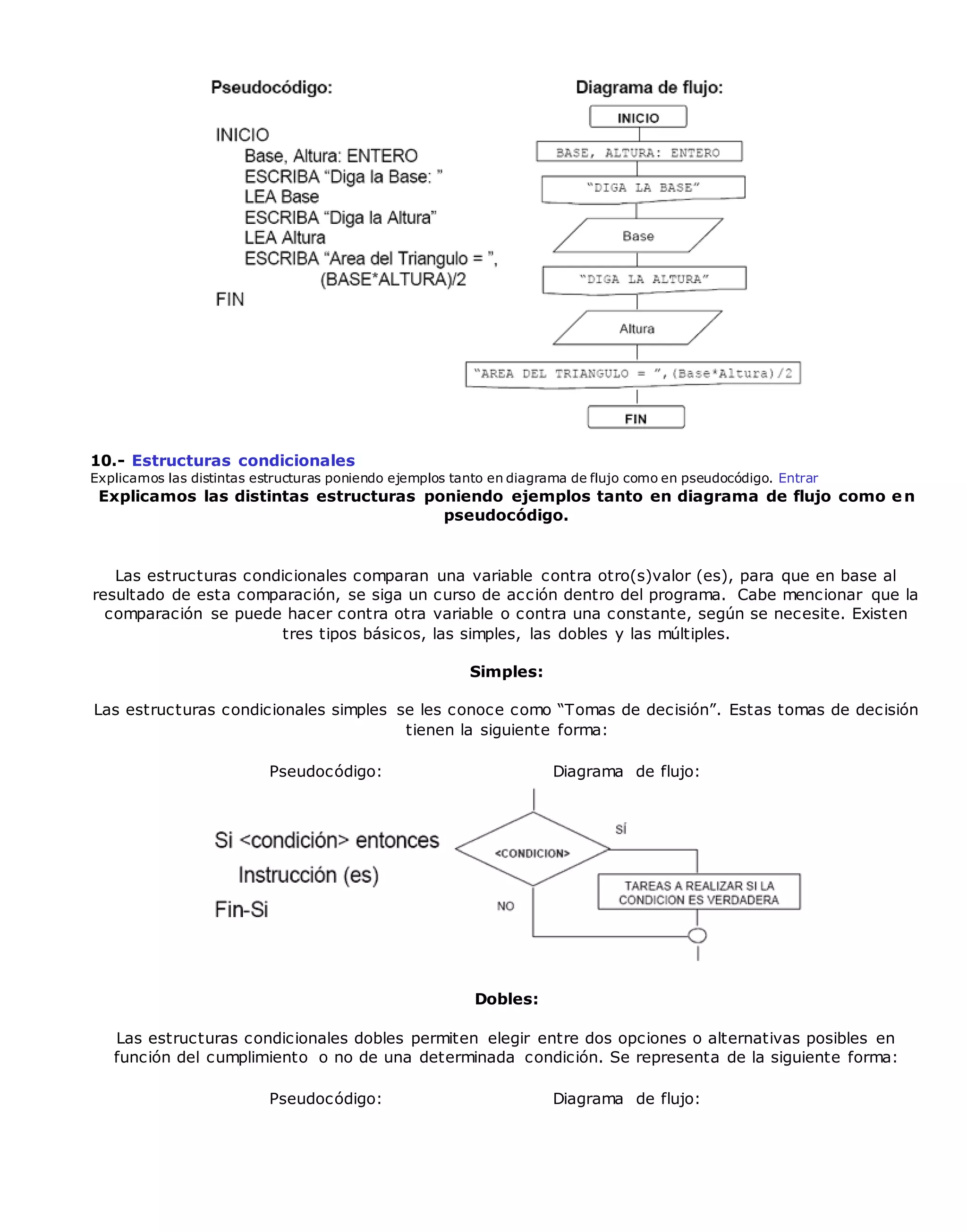 10.- Estructuras condicionales
Explicamos las distintas estructuras poniendo ejemplos tanto en diagrama de flujo como en pseudocódigo. Entrar
Explicamos las distintas estructuras poniendo ejemplos tanto en diagrama de flujo como en
pseudocódigo.
Las estructuras condicionales comparan una variable contra otro(s)valor (es), para que en base al
resultado de esta comparación, se siga un curso de acción dentro del programa. Cabe mencionar que la
comparación se puede hacer contra otra variable o contra una constante, según se necesite. Existen
tres tipos básicos, las simples, las dobles y las múltiples.
Simples:
Las estructuras condicionales simples se les conoce como “Tomas de decisión”. Estas tomas de decisión
tienen la siguiente forma:
Pseudocódigo: Diagrama de flujo:
Dobles:
Las estructuras condicionales dobles permiten elegir entre dos opciones o alternativas posibles en
función del cumplimiento o no de una determinada condición. Se representa de la siguiente forma:
Pseudocódigo: Diagrama de flujo:
 