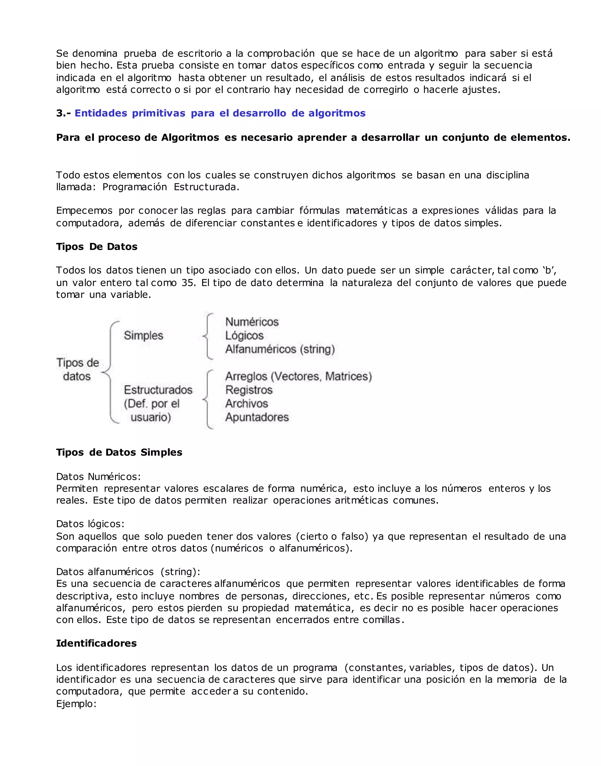Se denomina prueba de escritorio a la comprobación que se hace de un algoritmo para saber si está
bien hecho. Esta prueba consiste en tomar datos específicos como entrada y seguir la secuencia
indicada en el algoritmo hasta obtener un resultado, el análisis de estos resultados indicará si el
algoritmo está correcto o si por el contrario hay necesidad de corregirlo o hacerle ajustes.
3.- Entidades primitivas para el desarrollo de algoritmos
Para el proceso de Algoritmos es necesario aprender a desarrollar un conjunto de elementos.
Todo estos elementos con los cuales se construyen dichos algoritmos se basan en una disciplina
llamada: Programación Estructurada.
Empecemos por conocer las reglas para cambiar fórmulas matemáticas a expresiones válidas para la
computadora, además de diferenciar constantes e identificadores y tipos de datos simples.
Tipos De Datos
Todos los datos tienen un tipo asociado con ellos. Un dato puede ser un simple carácter, tal como ‘b’,
un valor entero tal como 35. El tipo de dato determina la naturaleza del conjunto de valores que puede
tomar una variable.
Tipos de Datos Simples
Datos Numéricos:
Permiten representar valores escalares de forma numérica, esto incluye a los números enteros y los
reales. Este tipo de datos permiten realizar operaciones aritméticas comunes.
Datos lógicos:
Son aquellos que solo pueden tener dos valores (cierto o falso) ya que representan el resultado de una
comparación entre otros datos (numéricos o alfanuméricos).
Datos alfanuméricos (string):
Es una secuencia de caracteres alfanuméricos que permiten representar valores identificables de forma
descriptiva, esto incluye nombres de personas, direcciones, etc. Es posible representar números como
alfanuméricos, pero estos pierden su propiedad matemática, es decir no es posible hacer operaciones
con ellos. Este tipo de datos se representan encerrados entre comillas.
Identificadores
Los identificadores representan los datos de un programa (constantes, variables, tipos de datos). Un
identificador es una secuencia de caracteres que sirve para identificar una posición en la memoria de la
computadora, que permite acceder a su contenido.
Ejemplo:
 