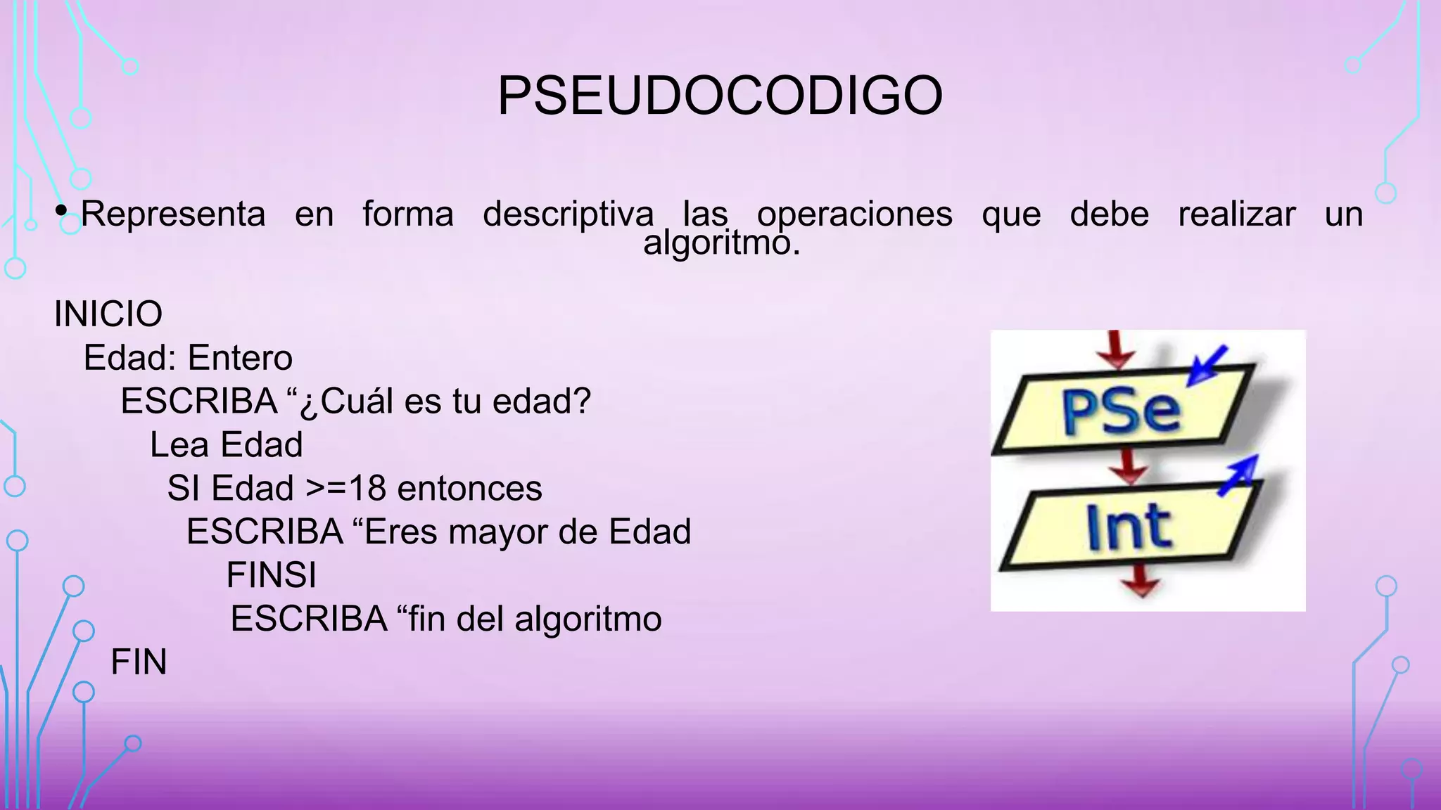 PSEUDOCODIGO
• Representa en forma descriptiva las operaciones que debe realizar un
algoritmo.
INICIO
Edad: Entero
ESCRIBA “¿Cuál es tu edad?
Lea Edad
SI Edad >=18 entonces
ESCRIBA “Eres mayor de Edad
FINSI
ESCRIBA “fin del algoritmo
FIN
 