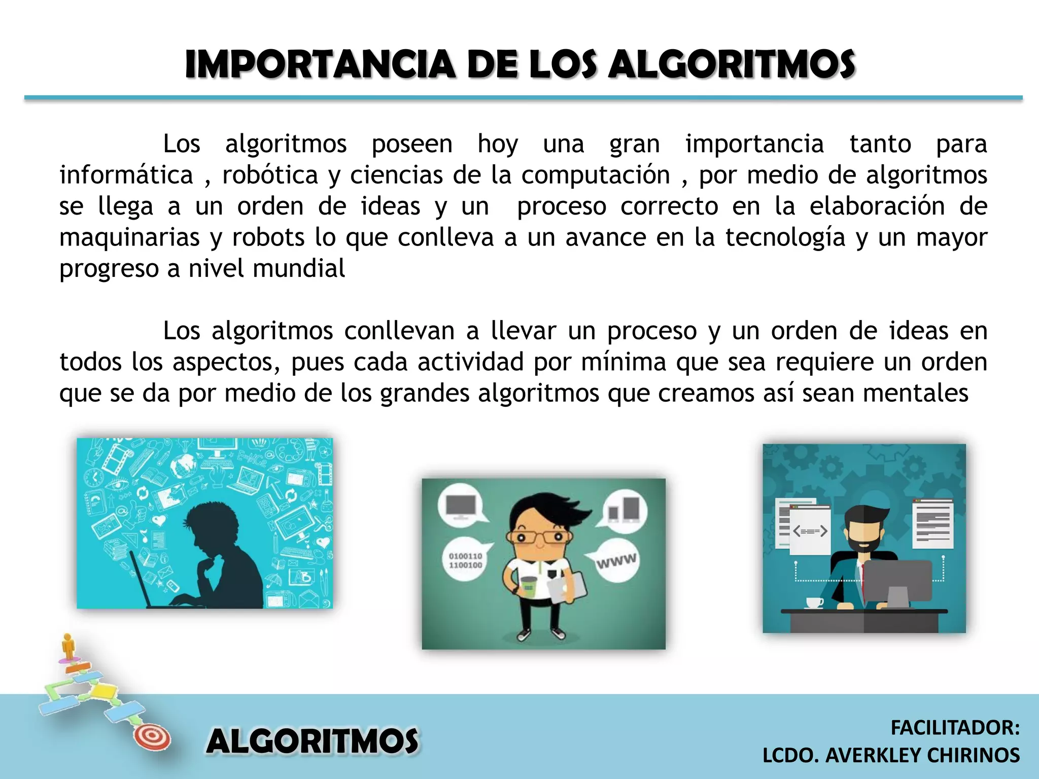 Los algoritmos poseen hoy una gran importancia tanto para
informática , robótica y ciencias de la computación , por medio de algoritmos
se llega a un orden de ideas y un proceso correcto en la elaboración de
maquinarias y robots lo que conlleva a un avance en la tecnología y un mayor
progreso a nivel mundial
Los algoritmos conllevan a llevar un proceso y un orden de ideas en
todos los aspectos, pues cada actividad por mínima que sea requiere un orden
que se da por medio de los grandes algoritmos que creamos así sean mentales
IMPORTANCIA DE LOS ALGORITMOS
ALGORITMOS
FACILITADOR:
LCDO. AVERKLEY CHIRINOS
 