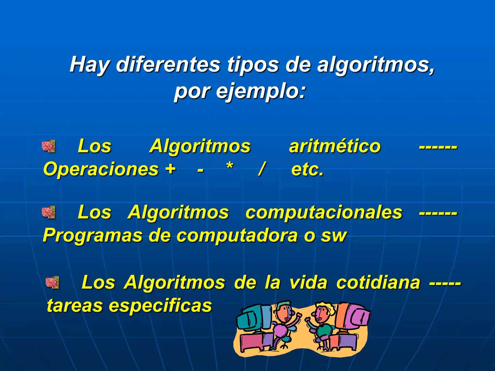 Hay diferentes tipos de algoritmos,
por ejemplo:
Los Algoritmos aritmético ------
Operaciones + - * / etc.
Los Algoritmos computacionales ------
Programas de computadora o sw
Los Algoritmos de la vida cotidiana -----
tareas especificas
 