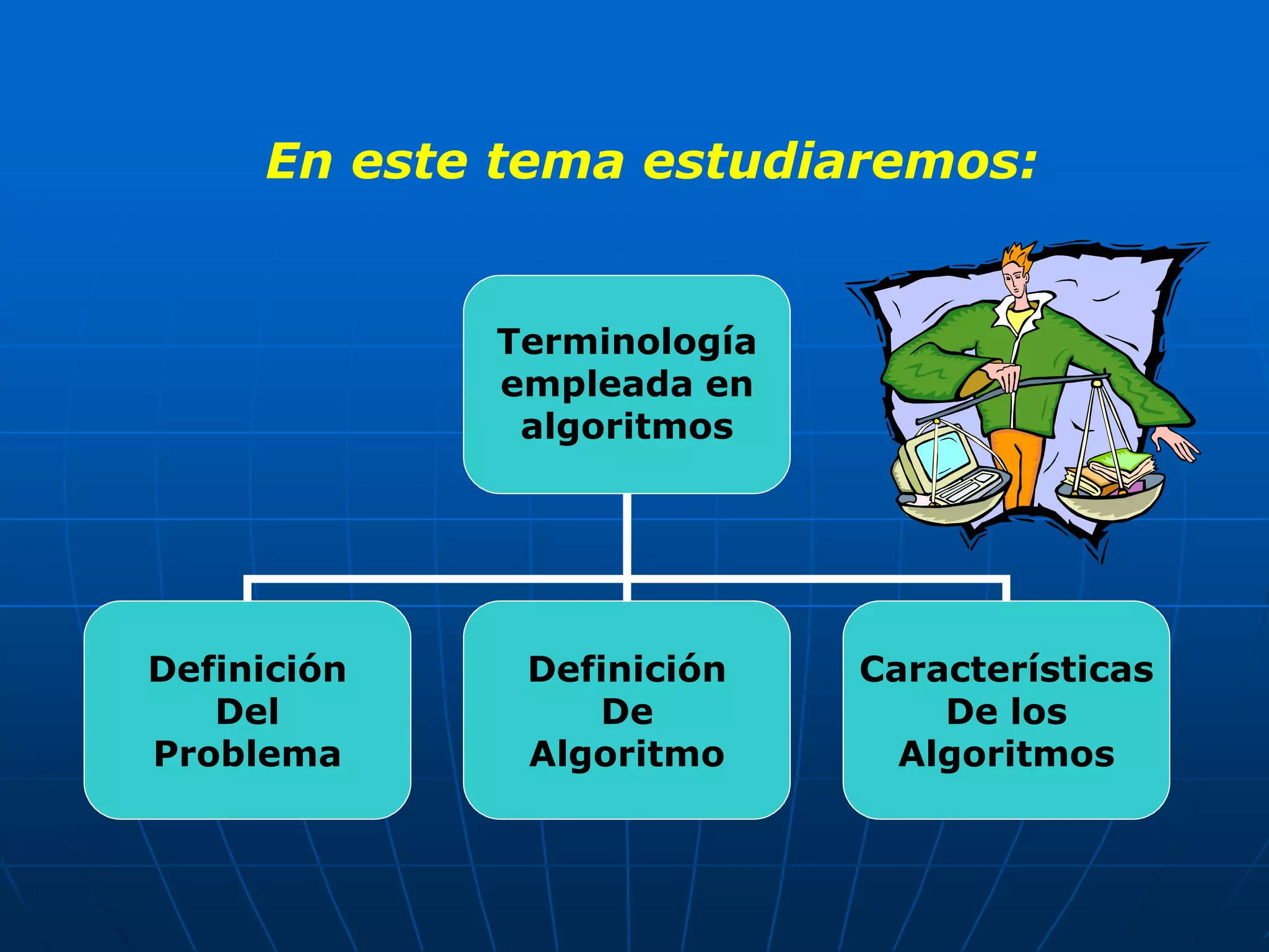 En este tema estudiaremos:
Terminología
empleada en
algoritmos
Definición
Del
Problema
Definición
De
Algoritmo
Características
De los
Algoritmos
 