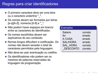 Regras para criar identificadores
O primeiro caractere deve ser uma letra
ou o caractere underline "_".
Os nomes devem ser formados por letras
[a-z][A-Z], números [0-9] e "_".
Não podem haver espaços em branco
entre os caracteres do identificador.
Os nomes escolhidos devem ser
explicativos do seu conteúdo.
Nomes longos dificultam a codificação. Os
nomes não devem exceder o total de
caracteres permitidos pela linguagem.
Não deve-se usar acentuação ou cedilha.
Os identificadores não podem ser os
mesmos de palavras reservadas da
linguagem de programação.
Exemplos
Salario correto
for errado
A CASA errado
SAL/HORA errado
SAL_HORA correto
_DESCONTO correto
 