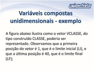 Variáveis compostas
unidimensionais - exemplo
A figura abaixo ilustra como o vetor VCLASSE, do
tipo construído CLASSE, poderia ser
representado. Observamos que a primeira
posição do vetor é 1, que é o limite inicial (LI), e
que a última posição é 40, que é o limite final
(LF);
 