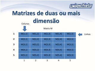 Matrizes de duas ou mais
dimensão
1 M[1,1] M[1,2] M[1,3] M[1,4] M[1,5]
2 M[2,1] M[2,2] M[2,3] M[2,4] M[2,5]
3 M[3,1] M[3,2] M[3,3] M[3,4] M[3,5]
4 M[4,1] M[4,2] M[4,3] M[4,4] M[4,5]
5 M[5,1] M[5,2] M[5,3] M[5,4] M[5,5]
1 2 3 4 5
Matriz M
Linhas
Colunas
 