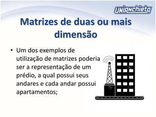 Matrizes de duas ou mais
dimensão
• Um dos exemplos de
utilização de matrizes poderia
ser a representação de um
prédio, a qual possui seus
andares e cada andar possui
apartamentos;
 