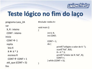 Teste lógico no fim do laço
programa Laco_2A
var
X, R : inteiro
CONT : inteiro
inicio
CONT  1
repita
leia X
R  X * 3
escreva R
CONT  CONT + 1
até_que (CONT < 5)
fim
#include <stdio.h>
void main ()
{
int X, R;
int CONT;
CONT = 1;
do {
printf("nDigite o valor de X: ");
scanf("%d", &X);
R = X * 3;
printf("nValor de R: %d", R);
CONT++;
} while (CONT < 5);
}
 