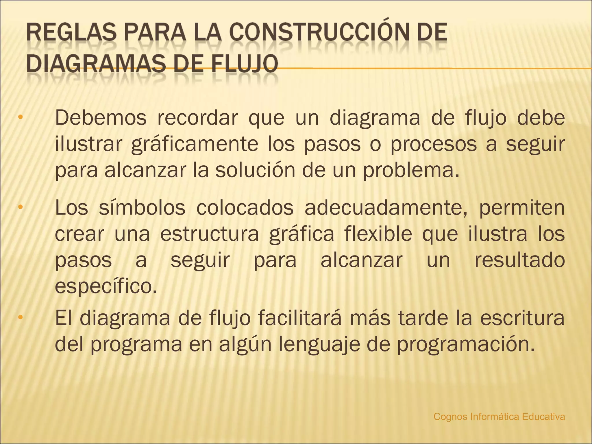 •   Debemos recordar que un diagrama de flujo debe
    ilustrar gráficamente los pasos o procesos a seguir
    para alcanzar la solución de un problema.
•   Los símbolos colocados adecuadamente, permiten
    crear una estructura gráfica flexible que ilustra los
    pasos a seguir para alcanzar un resultado
    específico.
•   El diagrama de flujo facilitará más tarde la escritura
    del programa en algún lenguaje de programación.

                                            Cognos Informática Educativa
 