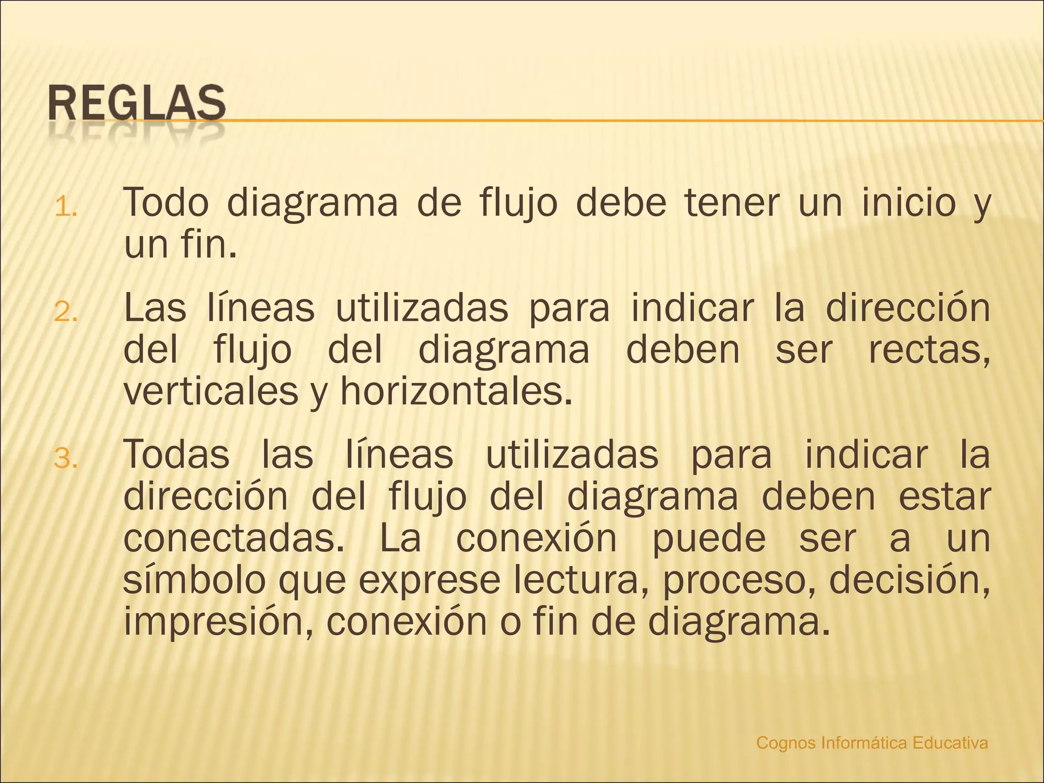 1.   Todo diagrama de flujo debe tener un inicio y
     un fin.
2.   Las líneas utilizadas para indicar la dirección
     del flujo del diagrama deben ser rectas,
     verticales y horizontales.
3.   Todas las líneas utilizadas para indicar la
     dirección del flujo del diagrama deben estar
     conectadas. La conexión puede ser a un
     símbolo que exprese lectura, proceso, decisión,
     impresión, conexión o fin de diagrama.

                                       Cognos Informática Educativa
 