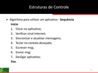 11
Estruturas de Controle
 Algoritmo para utilizar um aplicativo - Sequência
Início
1. Clicar no aplicativo;
2. Verificar sinal internet;
3. Sincronizar e atualizar mensagens;
4. Teclar no contato desejado;
5. Escrever msg;
6. Enviar msg;
7. Desligar aplicativo;
Fim.
 