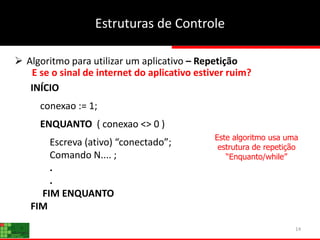 14
Estruturas de Controle
 Algoritmo para utilizar um aplicativo – Repetição
E se o sinal de internet do aplicativo estiver ruim?
INÍCIO
conexao := 1;
ENQUANTO ( conexao <> 0 )
Escreva (ativo) “conectado”;
Comando N.... ;
.
.
FIM ENQUANTO
FIM
Este algoritmo usa uma
estrutura de repetição
“Enquanto/while”
 