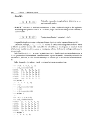 212 Unidad 19. Ordenar listas 
Paso N-1: 
-1 0 2 3 5 2 
Todos los elementos excepto el ante-último ya se en-cuentran 
ordenados. 
Paso N: Considerar el N–ésimo elemento de la lista, y ordenarlo respecto del segmento 
formado por el primero hasta el N  1–ésimo, deplazándolo hasta la posición correcta, si 
corresponde. 
-1 0 2 2 3 5 Se desplaza el valor 2 antes de 3 y de 5. 
Una posible implementación en Python de este algoritmo se incluye en el Código 19.2. 
La función principal, ord_insercion, recorre la lista desde el segundo elemento hasta 
el último, y cuando uno de estos elementos no está ordenado con respecto al anterior, llama 
a la función auxiliar reubicar, que se encarga de colocar el elemento en la posición que le 
corresponde. 
En la función reubicar se busca la posición correcta donde debe colocarse el elemento, a 
la vez que se van corriendo todos los elementos un lugar a la derecha, de modo que cuando se 
encuentra la posición, el valor a insertar reemplaza al valor que se encontraba allí anteriormen-te. 
En las siguientes ejecuciones puede verse que funciona correctamente. 
 l=[3, 2,-1,5, 0, 2] 
 ord_insercion(l) 
DEBUG: [2, 3, -1, 5, 0, 2] 
DEBUG: [-1, 2, 3, 5, 0, 2] 
DEBUG: [-1, 2, 3, 5, 0, 2] 
DEBUG: [-1, 0, 2, 3, 5, 2] 
DEBUG: [-1, 0, 2, 2, 3, 5] 
 print l 
[-1, 0, 2, 2, 3, 5] 
 l=[] 
 ord_insercion(l) 
 l=[1] 
 ord_insercion(l) 
 print l 
[1] 
 l=[1,2,3,4,5,6] 
 ord_insercion(l) 
DEBUG: [1, 2, 3, 4, 5, 6] 
DEBUG: [1, 2, 3, 4, 5, 6] 
DEBUG: [1, 2, 3, 4, 5, 6] 
DEBUG: [1, 2, 3, 4, 5, 6] 
DEBUG: [1, 2, 3, 4, 5, 6] 
 print l 
[1, 2, 3, 4, 5, 6] 
 