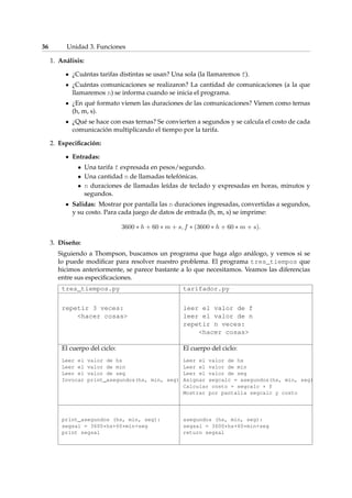 36 Unidad 3. Funciones 
1. Análisis: 
¿Cuántas tarifas distintas se usan? Una sola (la llamaremos f). 
¿Cuántas comunicaciones se realizaron? La cantidad de comunicaciones (a la que 
llamaremos n) se informa cuando se inicia el programa. 
¿En qué formato vienen las duraciones de las comunicaciones? Vienen como ternas 
(h, m, s). 
¿Qué se hace con esas ternas? Se convierten a segundos y se calcula el costo de cada 
comunicación multiplicando el tiempo por la tarifa. 
2. Especificación: 
Entradas: 
 Una tarifa f expresada en pesos/segundo. 
 Una cantidad n de llamadas telefónicas. 
 n duraciones de llamadas leídas de teclado y expresadas en horas, minutos y 
segundos. 
Salidas: Mostrar por pantalla las n duraciones ingresadas, convertidas a segundos, 
y su costo. Para cada juego de datos de entrada (h, m, s) se imprime: 
3600  h + 60  m + s; f  (3600  h + 60  m + s): 
3. Diseño: 
Siguiendo a Thompson, buscamos un programa que haga algo análogo, y vemos si se 
lo puede modificar para resolver nuestro problema. El programa tres_tiempos que 
hicimos anteriormente, se parece bastante a lo que necesitamos. Veamos las diferencias 
entre sus especificaciones. 
tres_tiempos.py tarifador.py 
repetir 3 veces: 
hacer cosas 
leer el valor de f 
leer el valor de n 
repetir n veces: 
hacer cosas 
El cuerpo del ciclo: 
Leer el valor de hs 
Leer el valor de min 
Leer el valor de seg 
Invocar print_asegundos(hs, min, seg) 
El cuerpo del ciclo: 
Leer el valor de hs 
Leer el valor de min 
Leer el valor de seg 
Asignar segcalc = asegundos(hs, min, seg) 
Calcular costo = segcalc * f 
Mostrar por pantalla segcalc y costo 
print_asegundos (hs, min, seg): 
segsal = 3600*hs+60*min+seg 
print segsal 
asegundos (hs, min, seg): 
segsal = 3600*hs+60*min+seg 
return segsal 
 