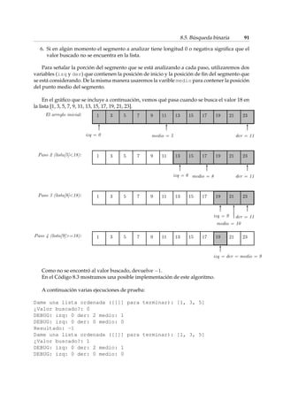 8.5. Búsqueda binaria 91 
6. Si en algún momento el segmento a analizar tiene longitud 0 o negativa significa que el 
valor buscado no se encuentra en la lista. 
Para señalar la porción del segmento que se está analizando a cada paso, utilizaremos dos 
variables (izq y der) que contienen la posición de inicio y la posición de fin del segmento que 
se está considerando. De la misma manera usaremos la varible medio para contener la posición 
del punto medio del segmento. 
En el gráfico que se incluye a continuación, vemos qué pasa cuando se busca el valor 18 en 
la lista [1, 3, 5, 7, 9, 11, 13, 15, 17, 19, 21, 23]. 
Como no se encontró al valor buscado, devuelve 1. 
En el Código 8.3 mostramos una posible implementación de este algoritmo. 
A continuación varias ejecuciones de prueba: 
Dame una lista ordenada ([[]] para terminar): [1, 3, 5] 
¿Valor buscado?: 0 
DEBUG: izq: 0 der: 2 medio: 1 
DEBUG: izq: 0 der: 0 medio: 0 
Resultado: -1 
Dame una lista ordenada ([[]] para terminar): [1, 3, 5] 
¿Valor buscado?: 1 
DEBUG: izq: 0 der: 2 medio: 1 
DEBUG: izq: 0 der: 0 medio: 0 
 