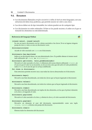 98 Unidad 9. Diccionarios 
9.4. Resumen 
Los diccionarios (llamados arreglos asociativos o tablas de hash en otros lenguajes), son una 
estructura de datos muy poderosa, que permite asociar un valor a una clave. 
Las claves deben ser de tipo inmutable, los valores pueden ser de cualquier tipo. 
Los diccionarios no están ordenados. Si bien se los puede recorrer, el orden en el que se 
tomarán los elementos no está determinado. 
Referencia del lenguaje Python 
{clave1:valor1, clave2:valor2} 
Se crea un nuevo diccionario con los valores asociados a las claves. Si no se ingresa ninguna 
pareja de clave y valor, se crea un diccionario vacío. 
diccionario[clave] 
Accede al valor asociado con clave en el diccionario. 
diccionario.has_key(clave) 
Indica si un diccionario tiene o no una determinada clave. Es posible obtener el mismo resul-tado 
utilizando: if clave in diccionario:. 
diccionario.get(clave[, valor_predeterminado]) 
Devuelve el valor asociado a la clave. A diferencia del acceso directo utilizando [clave], en 
el caso en que el valor no se encuentre, no da un error, sino que devuelve el valor predetermi-nado 
o None en el caso de que no se haya establecido. 
for clave in diccionario: 
Esta estructura permite recorrer una a una todas las claves almacenadas en el diccionario. 
diccionario.keys() 
Devuelve una lista desordenada, con todas las claves que se hayan ingresado al diccionario 
diccionario.values() 
Devuelve una lista desordenada, con todos los valores que se hayan ingresado al diccionario. 
diccionario.items() 
Devuelve una lista desordenada con tuplas de dos elementos, en las que el primer elemento 
es la clave y el segundo el valor. 
diccionario.pop(clave) 
Devuelve el valor asociado a la clave, y elimina la clave y el valor asociado del diccionario. 
diccionario.popitem() 
Devuelve un elemento al azar del diccionario, representándolo como una tupla 
(clave, valor) y elimina esta pareja del diccionario. 
diccionario.clear() 
Elimina todos los elementos del diccionario 
 