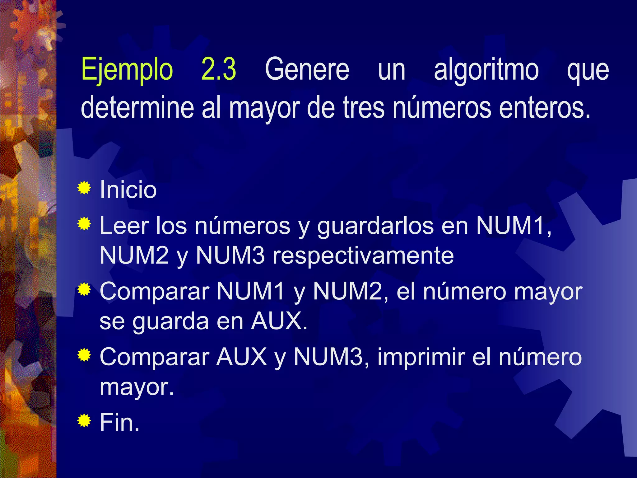 Ejemplo 2.3   Genere un algoritmo que determine al mayor de tres números enteros. Inicio Leer los números y guardarlos en NUM1, NUM2 y NUM3 respectivamente Comparar NUM1 y NUM2, el número mayor se guarda en AUX. Comparar AUX y NUM3, imprimir el número mayor. Fin. 