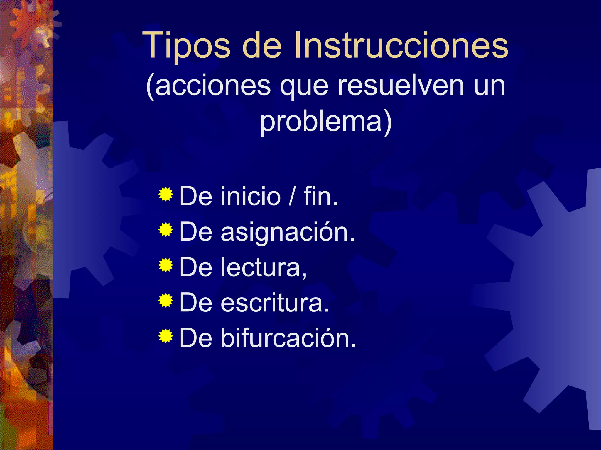 De inicio / fin. De asignación. De lectura, De escritura. De bifurcación.  Tipos de Instrucciones (acciones que resuelven un problema) 