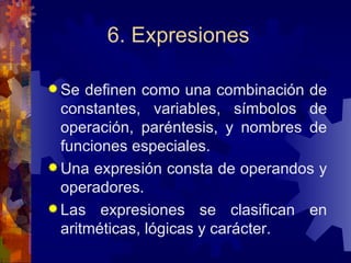 6. Expresiones Se definen como una combinación de constantes, variables, símbolos de operación, paréntesis, y nombres de funciones especiales. Una expresión consta de operandos y operadores. Las expresiones se clasifican en aritméticas, lógicas y carácter. 