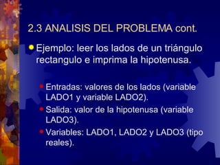 2.3 ANALISIS DEL PROBLEMA cont. Ejemplo: leer los lados de un triángulo rectangulo e imprima la hipotenusa.  Entradas: valores de los lados (variable LADO1 y variable LADO2). Salida: valor de la hipotenusa (variable LADO3). Variables: LADO1, LADO2 y LADO3 (tipo reales). 