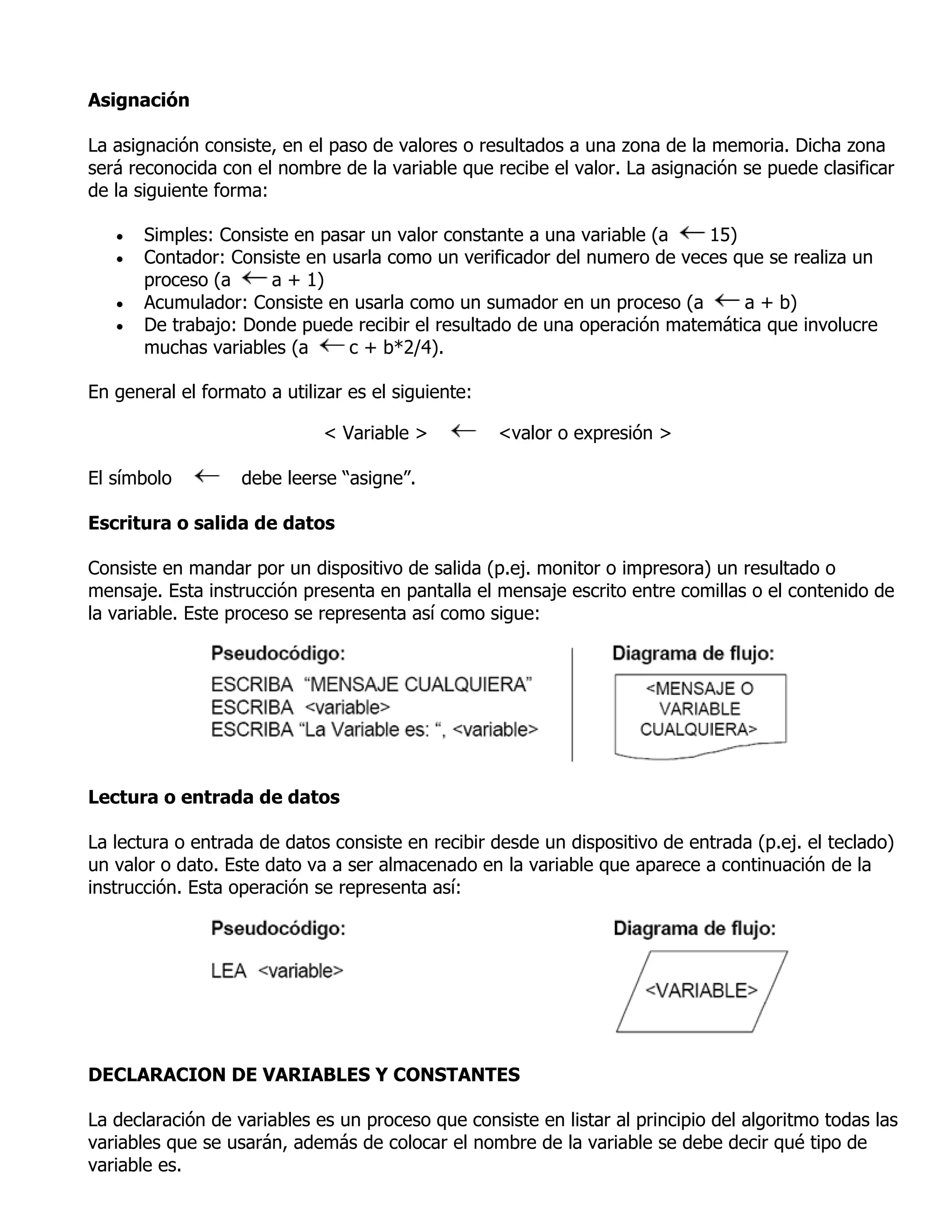 Asignación

La asignación consiste, en el paso de valores o resultados a una zona de la memoria. Dicha zona
será reconocida con el nombre de la variable que recibe el valor. La asignación se puede clasificar
de la siguiente forma:

      Simples: Consiste en pasar un valor constante a una variable (a   15)
      Contador: Consiste en usarla como un verificador del numero de veces que se realiza un
       proceso (a     a + 1)
      Acumulador: Consiste en usarla como un sumador en un proceso (a       a + b)
      De trabajo: Donde puede recibir el resultado de una operación matemática que involucre
       muchas variables (a     c + b*2/4).

En general el formato a utilizar es el siguiente:

                              < Variable >          <valor o expresión >

El símbolo         debe leerse “asigne”.

Escritura o salida de datos

Consiste en mandar por un dispositivo de salida (p.ej. monitor o impresora) un resultado o
mensaje. Esta instrucción presenta en pantalla el mensaje escrito entre comillas o el contenido de
la variable. Este proceso se representa así como sigue:




Lectura o entrada de datos

La lectura o entrada de datos consiste en recibir desde un dispositivo de entrada (p.ej. el teclado)
un valor o dato. Este dato va a ser almacenado en la variable que aparece a continuación de la
instrucción. Esta operación se representa así:




DECLARACION DE VARIABLES Y CONSTANTES

La declaración de variables es un proceso que consiste en listar al principio del algoritmo todas las
variables que se usarán, además de colocar el nombre de la variable se debe decir qué tipo de
variable es.
 