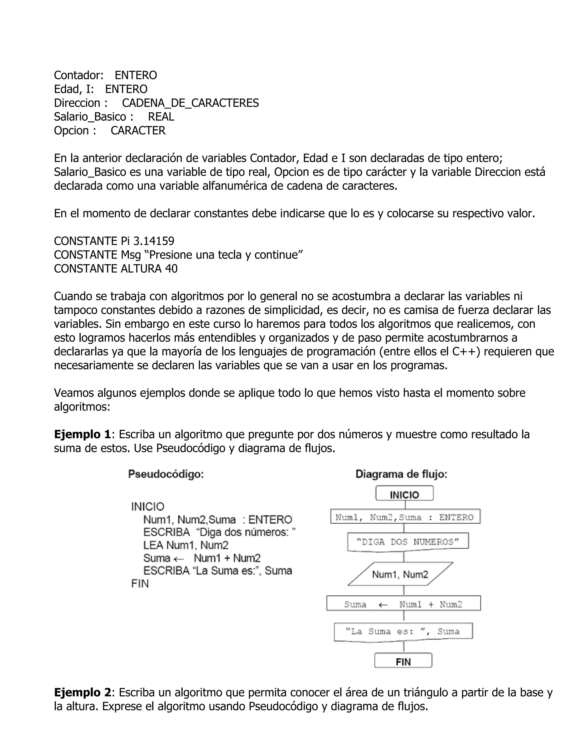 Contador: ENTERO
Edad, I: ENTERO
Direccion : CADENA_DE_CARACTERES
Salario_Basico : REAL
Opcion : CARACTER

En la anterior declaración de variables Contador, Edad e I son declaradas de tipo entero;
Salario_Basico es una variable de tipo real, Opcion es de tipo carácter y la variable Direccion está
declarada como una variable alfanumérica de cadena de caracteres.

En el momento de declarar constantes debe indicarse que lo es y colocarse su respectivo valor.

CONSTANTE Pi 3.14159
CONSTANTE Msg “Presione una tecla y continue”
CONSTANTE ALTURA 40

Cuando se trabaja con algoritmos por lo general no se acostumbra a declarar las variables ni
tampoco constantes debido a razones de simplicidad, es decir, no es camisa de fuerza declarar las
variables. Sin embargo en este curso lo haremos para todos los algoritmos que realicemos, con
esto logramos hacerlos más entendibles y organizados y de paso permite acostumbrarnos a
declararlas ya que la mayoría de los lenguajes de programación (entre ellos el C++) requieren que
necesariamente se declaren las variables que se van a usar en los programas.

Veamos algunos ejemplos donde se aplique todo lo que hemos visto hasta el momento sobre
algoritmos:

Ejemplo 1: Escriba un algoritmo que pregunte por dos números y muestre como resultado la
suma de estos. Use Pseudocódigo y diagrama de flujos.




Ejemplo 2: Escriba un algoritmo que permita conocer el área de un triángulo a partir de la base y
la altura. Exprese el algoritmo usando Pseudocódigo y diagrama de flujos.
 