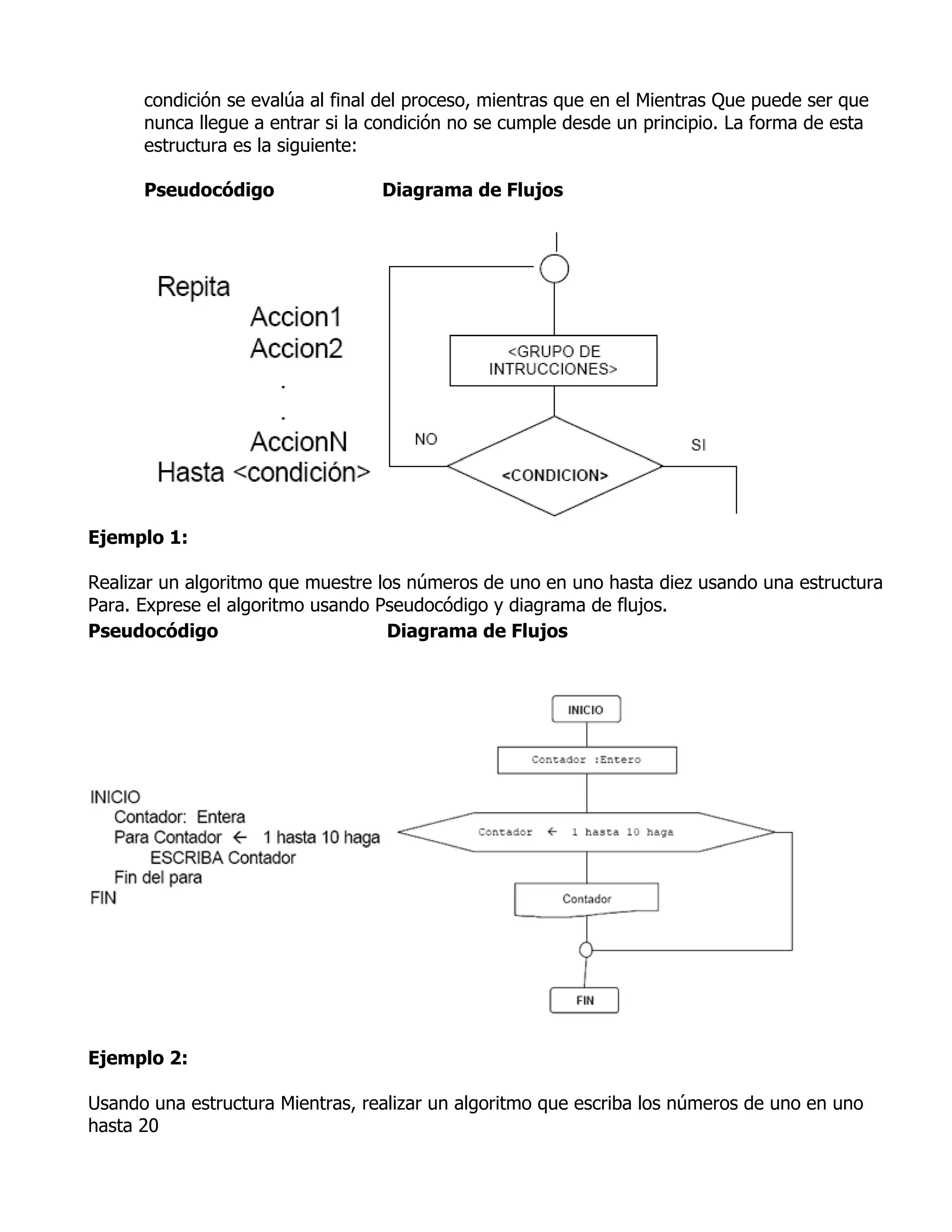 condición se evalúa al final del proceso, mientras que en el Mientras Que puede ser que
      nunca llegue a entrar si la condición no se cumple desde un principio. La forma de esta
      estructura es la siguiente:

      Pseudocódigo                Diagrama de Flujos




Ejemplo 1:

Realizar un algoritmo que muestre los números de uno en uno hasta diez usando una estructura
Para. Exprese el algoritmo usando Pseudocódigo y diagrama de flujos.
Pseudocódigo                       Diagrama de Flujos




Ejemplo 2:

Usando una estructura Mientras, realizar un algoritmo que escriba los números de uno en uno
hasta 20
 