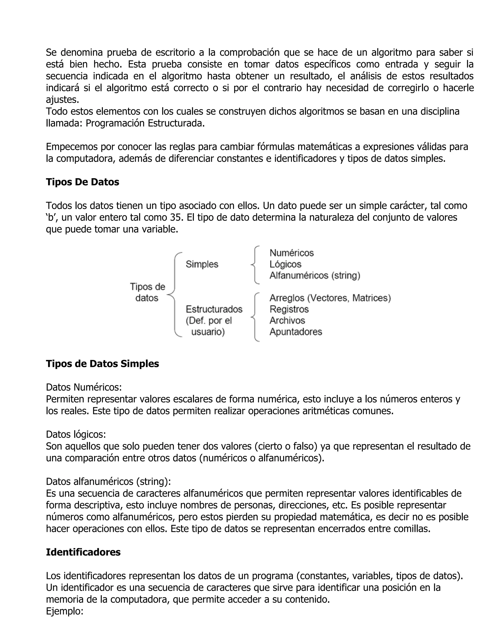 Se denomina prueba de escritorio a la comprobación que se hace de un algoritmo para saber si
está bien hecho. Esta prueba consiste en tomar datos específicos como entrada y seguir la
secuencia indicada en el algoritmo hasta obtener un resultado, el análisis de estos resultados
indicará si el algoritmo está correcto o si por el contrario hay necesidad de corregirlo o hacerle
ajustes.
Todo estos elementos con los cuales se construyen dichos algoritmos se basan en una disciplina
llamada: Programación Estructurada.

Empecemos por conocer las reglas para cambiar fórmulas matemáticas a expresiones válidas para
la computadora, además de diferenciar constantes e identificadores y tipos de datos simples.

Tipos De Datos

Todos los datos tienen un tipo asociado con ellos. Un dato puede ser un simple carácter, tal como
‘b’, un valor entero tal como 35. El tipo de dato determina la naturaleza del conjunto de valores
que puede tomar una variable.




Tipos de Datos Simples

Datos Numéricos:
Permiten representar valores escalares de forma numérica, esto incluye a los números enteros y
los reales. Este tipo de datos permiten realizar operaciones aritméticas comunes.

Datos lógicos:
Son aquellos que solo pueden tener dos valores (cierto o falso) ya que representan el resultado de
una comparación entre otros datos (numéricos o alfanuméricos).

Datos alfanuméricos (string):
Es una secuencia de caracteres alfanuméricos que permiten representar valores identificables de
forma descriptiva, esto incluye nombres de personas, direcciones, etc. Es posible representar
números como alfanuméricos, pero estos pierden su propiedad matemática, es decir no es posible
hacer operaciones con ellos. Este tipo de datos se representan encerrados entre comillas.

Identificadores

Los identificadores representan los datos de un programa (constantes, variables, tipos de datos).
Un identificador es una secuencia de caracteres que sirve para identificar una posición en la
memoria de la computadora, que permite acceder a su contenido.
Ejemplo:
 