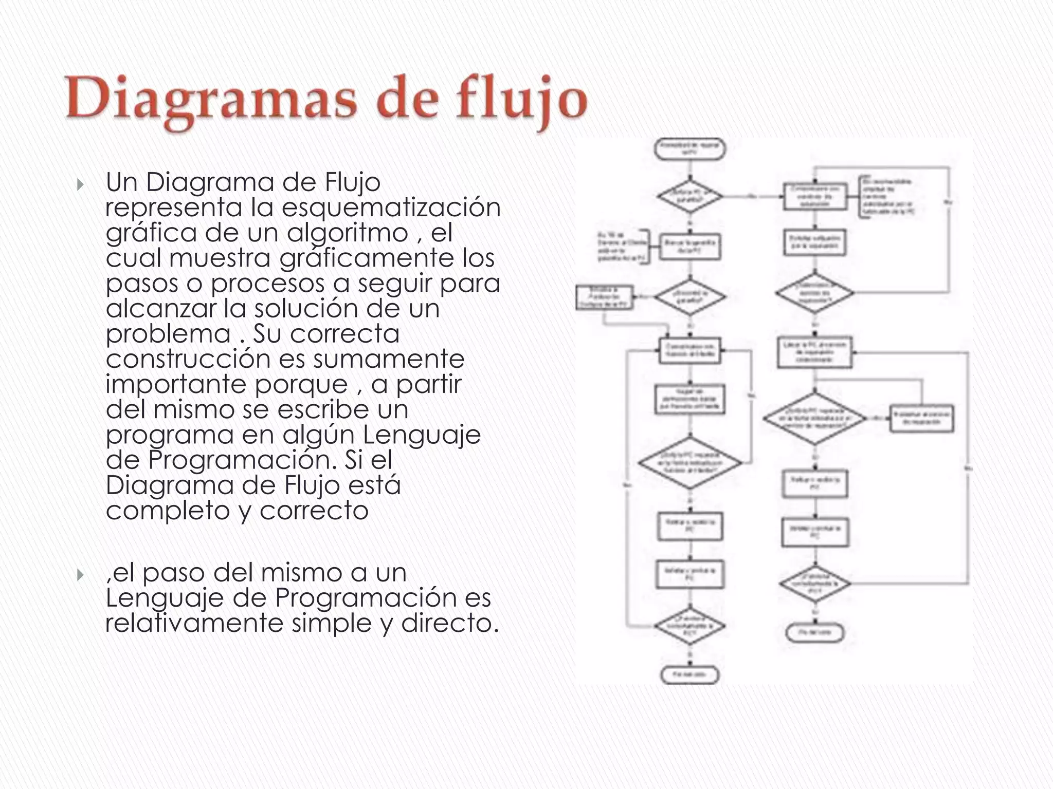  Un Diagrama de Flujo
representa la esquematización
gráfica de un algoritmo , el
cual muestra gráficamente los
pasos o procesos a seguir para
alcanzar la solución de un
problema . Su correcta
construcción es sumamente
importante porque , a partir
del mismo se escribe un
programa en algún Lenguaje
de Programación. Si el
Diagrama de Flujo está
completo y correcto
 ,el paso del mismo a un
Lenguaje de Programación es
relativamente simple y directo.
 