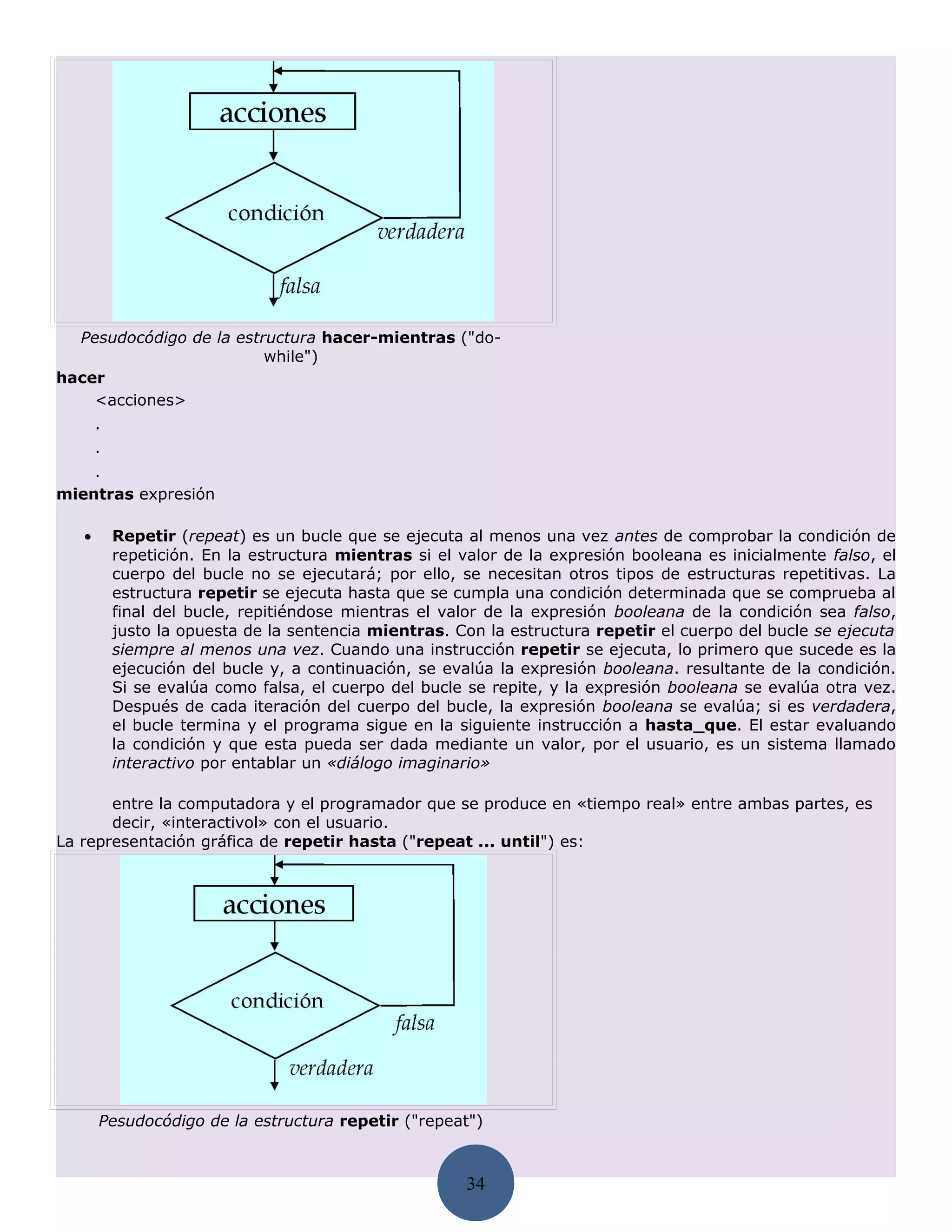 Pesudocódigo de la estructura hacer-mientras ("do-
                         while")
hacer
    <acciones>
       .
       .
    .
mientras expresión

   •       Repetir (repeat) es un bucle que se ejecuta al menos una vez antes de comprobar la condición de
           repetición. En la estructura mientras si el valor de la expresión booleana es inicialmente falso, el
           cuerpo del bucle no se ejecutará; por ello, se necesitan otros tipos de estructuras repetitivas. La
           estructura repetir se ejecuta hasta que se cumpla una condición determinada que se comprueba al
           final del bucle, repitiéndose mientras el valor de la expresión booleana de la condición sea falso,
           justo la opuesta de la sentencia mientras. Con la estructura repetir el cuerpo del bucle se ejecuta
           siempre al menos una vez. Cuando una instrucción repetir se ejecuta, lo primero que sucede es la
           ejecución del bucle y, a continuación, se evalúa la expresión booleana. resultante de la condición.
           Si se evalúa como falsa, el cuerpo del bucle se repite, y la expresión booleana se evalúa otra vez.
           Después de cada iteración del cuerpo del bucle, la expresión booleana se evalúa; si es verdadera,
           el bucle termina y el programa sigue en la siguiente instrucción a hasta_que. El estar evaluando
           la condición y que esta pueda ser dada mediante un valor, por el usuario, es un sistema llamado
           interactivo por entablar un «diálogo imaginario»

       entre la computadora y el programador que se produce en «tiempo real» entre ambas partes, es
       decir, «interactivol» con el usuario.
La representación gráfica de repetir hasta ("repeat ... until") es:




       Pesudocódigo de la estructura repetir ("repeat")



                                                        34
 