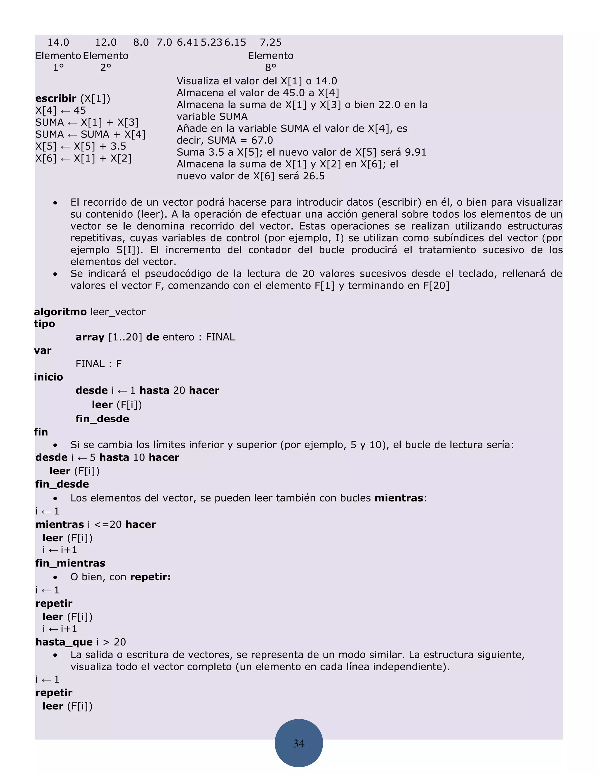 14.0     12.0   8.0 7.0 6.41 5.23 6.15 7.25
Elemento Elemento                          Elemento
    1°       2°                               8°
                           Visualiza el valor del X[1] o 14.0
                           Almacena el valor de 45.0 a X[4]
escribir (X[1])
                           Almacena la suma de X[1] y X[3] o bien 22.0 en la
X[4] ← 45
                           variable SUMA
SUMA ← X[1] + X[3]
                           Añade en la variable SUMA el valor de X[4], es
SUMA ← SUMA + X[4]
                           decir, SUMA = 67.0
X[5] ← X[5] + 3.5
                           Suma 3.5 a X[5]; el nuevo valor de X[5] será 9.91
X[6] ← X[1] + X[2]
                           Almacena la suma de X[1] y X[2] en X[6]; el
                           nuevo valor de X[6] será 26.5

   •   El recorrido de un vector podrá hacerse para introducir datos (escribir) en él, o bien para visualizar
       su contenido (leer). A la operación de efectuar una acción general sobre todos los elementos de un
       vector se le denomina recorrido del vector. Estas operaciones se realizan utilizando estructuras
       repetitivas, cuyas variables de control (por ejemplo, I) se utilizan como subíndices del vector (por
       ejemplo S[I]). El incremento del contador del bucle producirá el tratamiento sucesivo de los
       elementos del vector.
   •   Se indicará el pseudocódigo de la lectura de 20 valores sucesivos desde el teclado, rellenará de
       valores el vector F, comenzando con el elemento F[1] y terminando en F[20]

algoritmo leer_vector
tipo
         array [1..20] de entero : FINAL
var
         FINAL : F
inicio
         desde i ← 1 hasta 20 hacer
             leer (F[i])
         fin_desde
fin
     • Si se cambia los límites inferior y superior (por ejemplo, 5 y 10), el bucle de lectura sería:
desde i ← 5 hasta 10 hacer
    leer (F[i])
fin_desde
     • Los elementos del vector, se pueden leer también con bucles mientras:
i ←1
mientras i <=20 hacer
  leer (F[i])
  i ← i+1
fin_mientras
     • O bien, con repetir:
i ←1
repetir
  leer (F[i])
  i ← i+1
hasta_que i > 20
     • La salida o escritura de vectores, se representa de un modo similar. La estructura siguiente,
        visualiza todo el vector completo (un elemento en cada línea independiente).
i ←1
repetir
  leer (F[i])


                                                     34
 