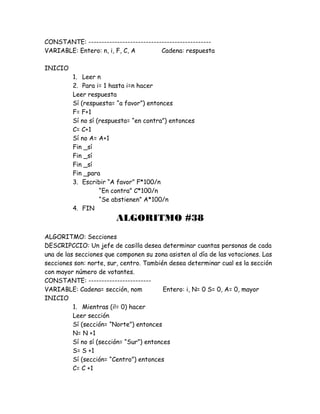 CONSTANTE: -----------------------------------------------
VARIABLE: Entero: n, i, F, C, A Cadena: respuesta
INICIO
1. Leer n
2. Para i= 1 hasta i=n hacer
Leer respuesta
Sí (respuesta= “a favor”) entonces
F= F+1
Sí no sí (respuesta= “en contra”) entonces
C= C+1
Sí no A= A+1
Fin _sí
Fin _sí
Fin _sí
Fin _para
3. Escribir “A favor” F*100/n
“En contra” C*100/n
“Se abstienen” A*100/n
4. FIN
ALGORITMO #38
ALGORITMO: Secciones
DESCRIPCCIO: Un jefe de casilla desea determinar cuantas personas de cada
una de las secciones que componen su zona asisten al día de las votaciones. Las
secciones son: norte, sur, centro. También desea determinar cual es la sección
con mayor número de votantes.
CONSTANTE: ------------------------
VARIABLE: Cadena= sección, nom Entero: i, N= 0 S= 0, A= 0, mayor
INICIO
1. Mientras (i!= 0) hacer
Leer sección
Sí (sección= “Norte”) entonces
N= N +1
Sí no sí (sección= “Sur”) entonces
S= S +1
Sí (sección= “Centro”) entonces
C= C +1
 