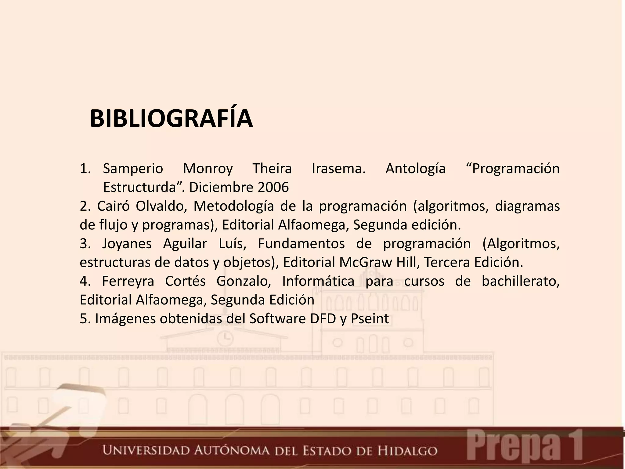 BIBLIOGRAFÍA
1. Samperio Monroy Theira Irasema. Antología “Programación
Estructurda”. Diciembre 2006
2. Cairó Olvaldo, Metodología de la programación (algoritmos, diagramas
de flujo y programas), Editorial Alfaomega, Segunda edición.
3. Joyanes Aguilar Luís, Fundamentos de programación (Algoritmos,
estructuras de datos y objetos), Editorial McGraw Hill, Tercera Edición.
4. Ferreyra Cortés Gonzalo, Informática para cursos de bachillerato,
Editorial Alfaomega, Segunda Edición
5. Imágenes obtenidas del Software DFD y Pseint
 