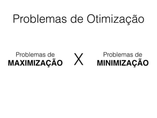 Problemas de Otimização
Problemas de
MAXIMIZAÇÃO
Problemas de
MINIMIZAÇÃOX
 