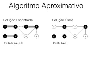 Algoritmo Aproximativo
b dc
e f
a
g h
Solução Encontrada
b dc
e f
a
g h
C = {b, d, e, f}
Solução Ótima
C = {a, b, c, d, e, f}
 