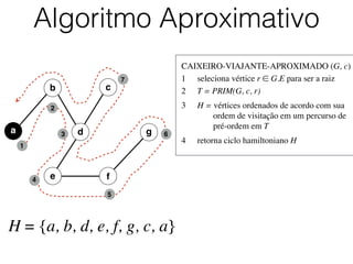 CAIXEIRO-VIAJANTE-APROXIMADO (G, c)	

1	

 seleciona vértice r ∈ G.E para ser a raiz	

2	

 T = PRIM(G, c, r)	

3	

 H = vértices ordenados de acordo com sua
	

 	

 ordem de visitação em um percurso de
	

 	

 pré-ordem em T	

4	

 retorna ciclo hamiltoniano H
Algoritmo Aproximativo
b
d
c
e f
a g
1
5
3
4
6
7
2
H = {a, b, d, e, f, g, c, a}
 