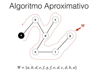 Algoritmo Aproximativo
b
d
c
e f
a g
W
W = {a, b, d, e, f, g, f, e, d, c, d, b, a}
 