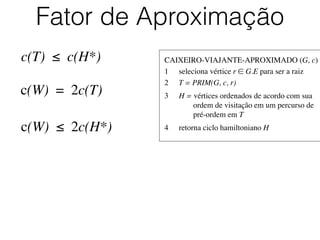 CAIXEIRO-VIAJANTE-APROXIMADO (G, c)	

1	

 seleciona vértice r ∈ G.E para ser a raiz	

2	

 T = PRIM(G, c, r)	

3	

 H = vértices ordenados de acordo com sua
	

 	

 ordem de visitação em um percurso de
	

 	

 pré-ordem em T	

4	

 retorna ciclo hamiltoniano H
Fator de Aproximação
c(T) ≤ c(H*)
c(W) = 2c(T)
c(W) ≤ 2c(H*)
 