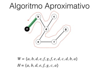 Algoritmo Aproximativo
b
d
c
e f
a g
W = {a, b, d, e, f, g, f, e, d, c, d, b, a}
H = {a, b, d, e, f, g, c, a}
 