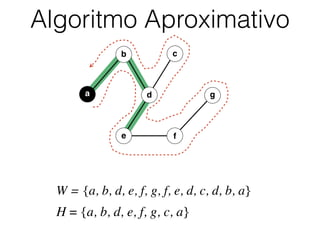 Algoritmo Aproximativo
b
d
c
e f
a g
W = {a, b, d, e, f, g, f, e, d, c, d, b, a}
H = {a, b, d, e, f, g, c, a}
 