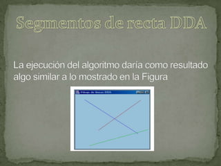 La ejecución del algoritmo daría como resultado algo similar a lo mostrado en la Figura<br />Segmentos de recta DDA<br />