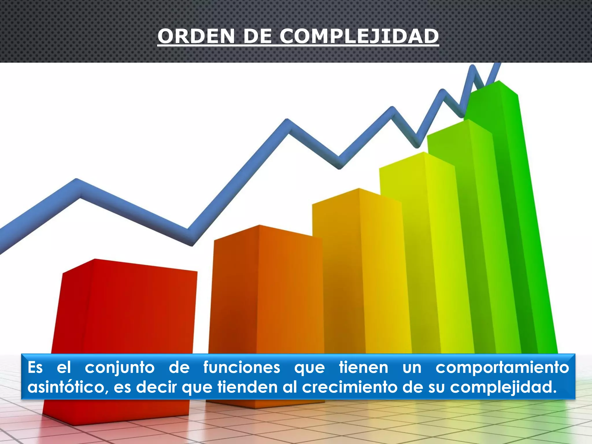 ORDEN DE COMPLEJIDAD
Es el conjunto de funciones que tienen un comportamiento
asintótico, es decir que tienden al crecimiento de su complejidad.
 