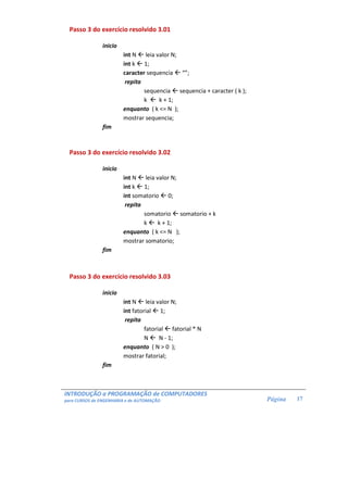 INTRODUÇÃO a PROGRAMAÇÃO de COMPUTADORES
para CURSOS de ENGENHARIA e de AUTOMAÇÃO Página 17
Passo 3 do exercício resolvido 3.01
inicio
int N leia valor N;
int k 1;
caracter sequencia “”;
repita
sequencia sequencia + caracter ( k );
k k + 1;
enquanto ( k <= N );
mostrar sequencia;
fim
Passo 3 do exercício resolvido 3.02
inicio
int N leia valor N;
int k 1;
int somatorio 0;
repita
somatorio somatorio + k
k k + 1;
enquanto ( k <= N );
mostrar somatorio;
fim
Passo 3 do exercício resolvido 3.03
inicio
int N leia valor N;
int fatorial 1;
repita
fatorial fatorial * N
N N - 1;
enquanto ( N > 0 );
mostrar fatorial;
fim
 