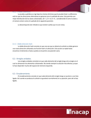 12 | P á g i n a
6.1.2.- Prueba cuadrática.
La prueba cuadrática se rige bajo los mismos términos que la prueba lineal. La diferencia
está en que las direcciones alternativas se generan con el cuadrado de estas. Esto permite una
mejor distribución de las claves colisionadas. (D + 1, D + 4, D + 9… considerando D como la clave y
el número entero como el cuadrado de la siguiente posición).
La desventaja de este método es que existen casillas que no son vistas.
6.1.3.- Doble dirección hash.
La doble dirección hash consiste en que una vez que se detecta la colisión se debe generar
una nueva dirección utilizando una función hash a la dirección. Esta acción se repite hasta
encontrar el elemento o hasta cuando se encuentre una posición vacía.
6.2.- Arreglos anidados.
Los arreglos anidados consisten en que cada elemento del arreglo tenga otro arreglo en el
cual se almacenan los elementos colisionados. No siendo siempre la solución más efectiva, ya que
lo hace depender mucho del espacio de memoria requerido.
6.3.- Encadenamiento.
El encadenamiento consiste en que cada elemento del arreglo tenga un puntero a una lista
ligada. Así cuando se produzca la colisión se guardará normalmente en su posición, pero de la lista
ligada.
 