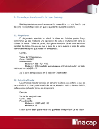 6 | P á g i n a
3.- Búsqueda por transformación de claves (hashing).
Hashing consiste en una transformación matemática con una función que
da como resultado la posición en que se guardará o buscará una clave.
3.1.- Plegamiento.
El plegamiento consiste en dividir la clave en distintas partes, luego
combinarlas ya sea mediante una operación de suma o multiplicación para así
obtener un índice. Todas las partes, excluyendo la última, deben tener la misma
cantidad de dígitos. En caso de que el largo de la clave supere el largo del vector
se trunca la clave para que pueda ser almacenada.
Ejemplo.
Vector de 100 posiciones.
Clave: 28312405
Procedimiento:
H(clave) = 283 + 124 + 05
H(clave) = 412 (resultado que sobrepasa el límite del vector, por este
motivo se trunca) 4|12 = 12
Así la clave será guardada en la posición 12 del vector.
3.2.- Aritmética Modular.
La aritmética modular consiste en convertir la clave a un entero, lo que se
hace es dividir la clave por el tamaño del vector, el resto o residuo de esta división
es la posición del vector donde se almacenará.
Ejemplo.
Vector de 100 posiciones.
Clave: 12325
Procedimiento:
H(clave) = 12325 MOD 100
H(clave) = 25
Lo que quiere decir que la clave será guardada en la posición 25 del vector
 